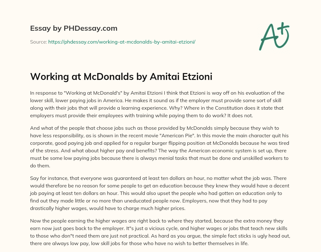 Working at McDonalds by Amitai Etzioni essay