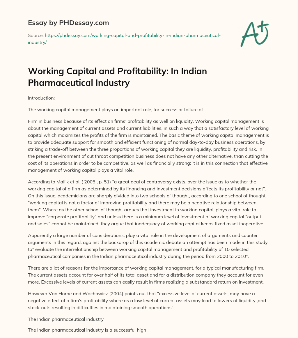 Working Capital and Profitability: In Indian Pharmaceutical Industry essay