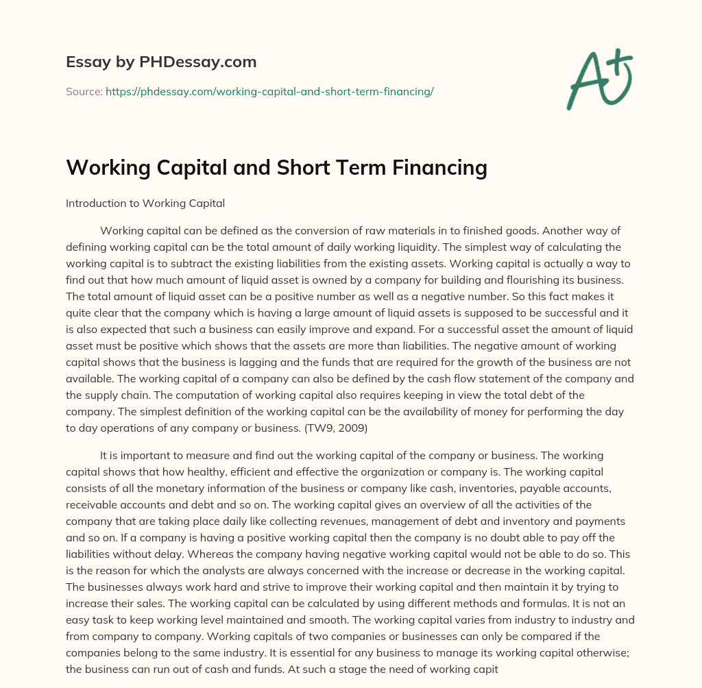 Working Capital and Short Term Financing essay