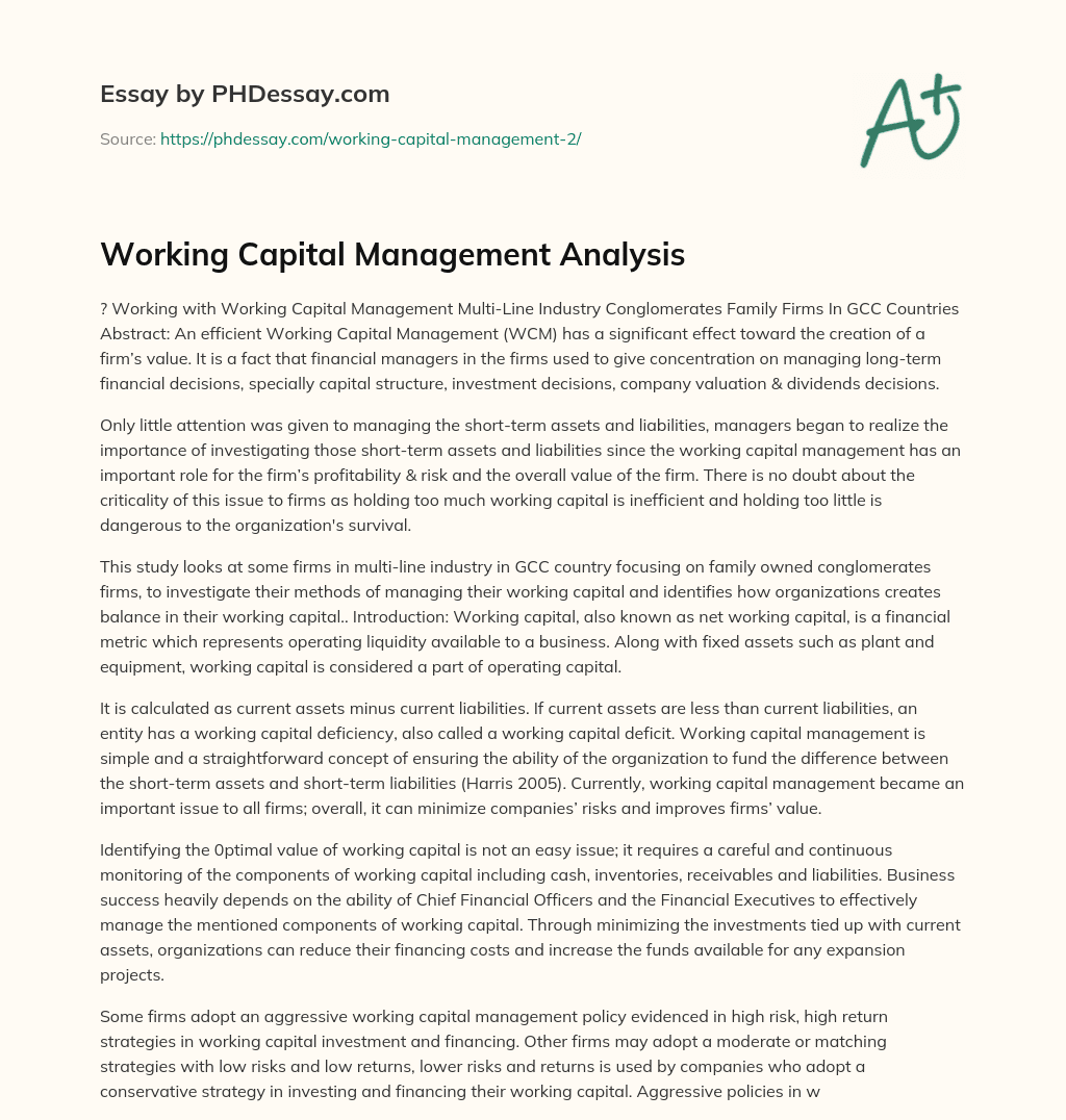 Working Capital Management Analysis essay