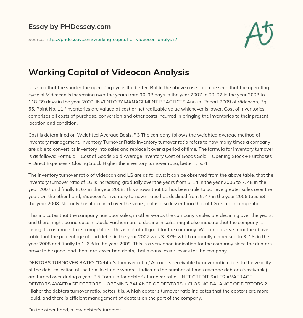 Working Capital of Videocon Analysis essay