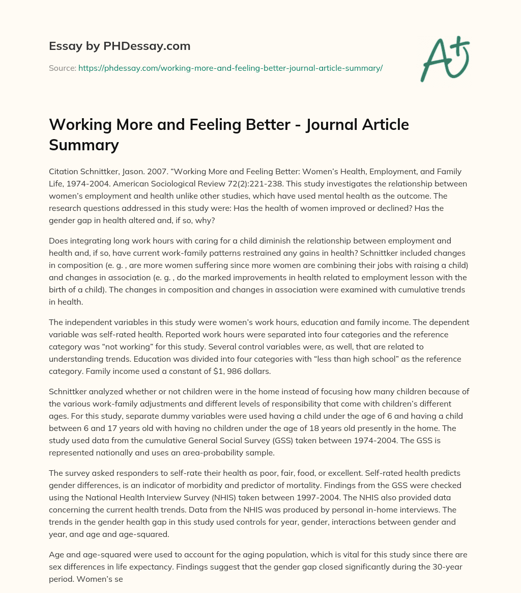 Working More and Feeling Better – Journal Article Summary essay