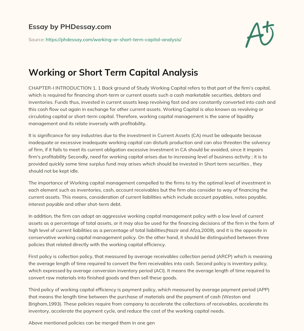 Working or Short Term Capital Analysis essay