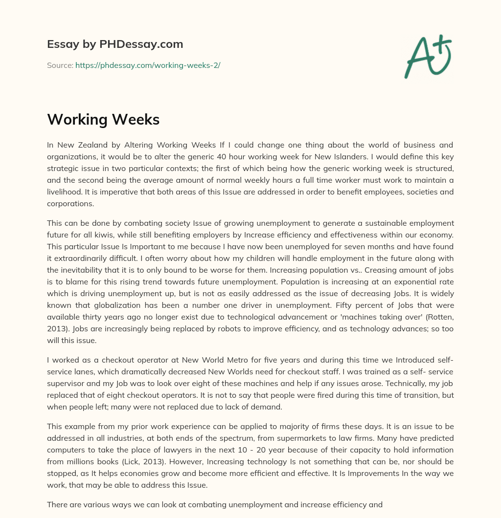 Changing the 40 Hour Working Week in New Zealand: A Strategic Issue for Employees, Societies, and Corporations essay