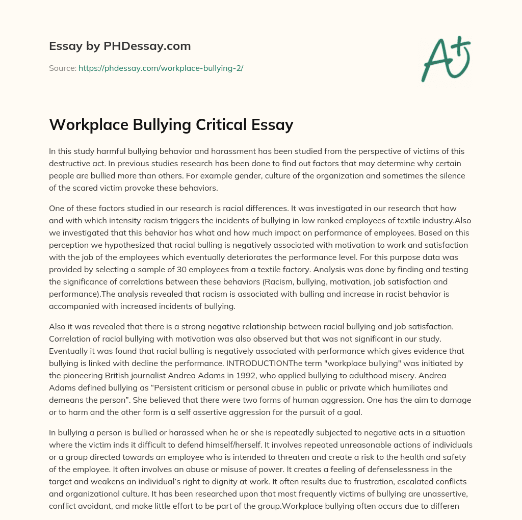 Workplace Bullying Critical Essay essay