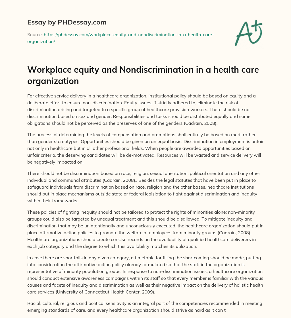 Workplace equity and Nondiscrimination in a health care organization essay