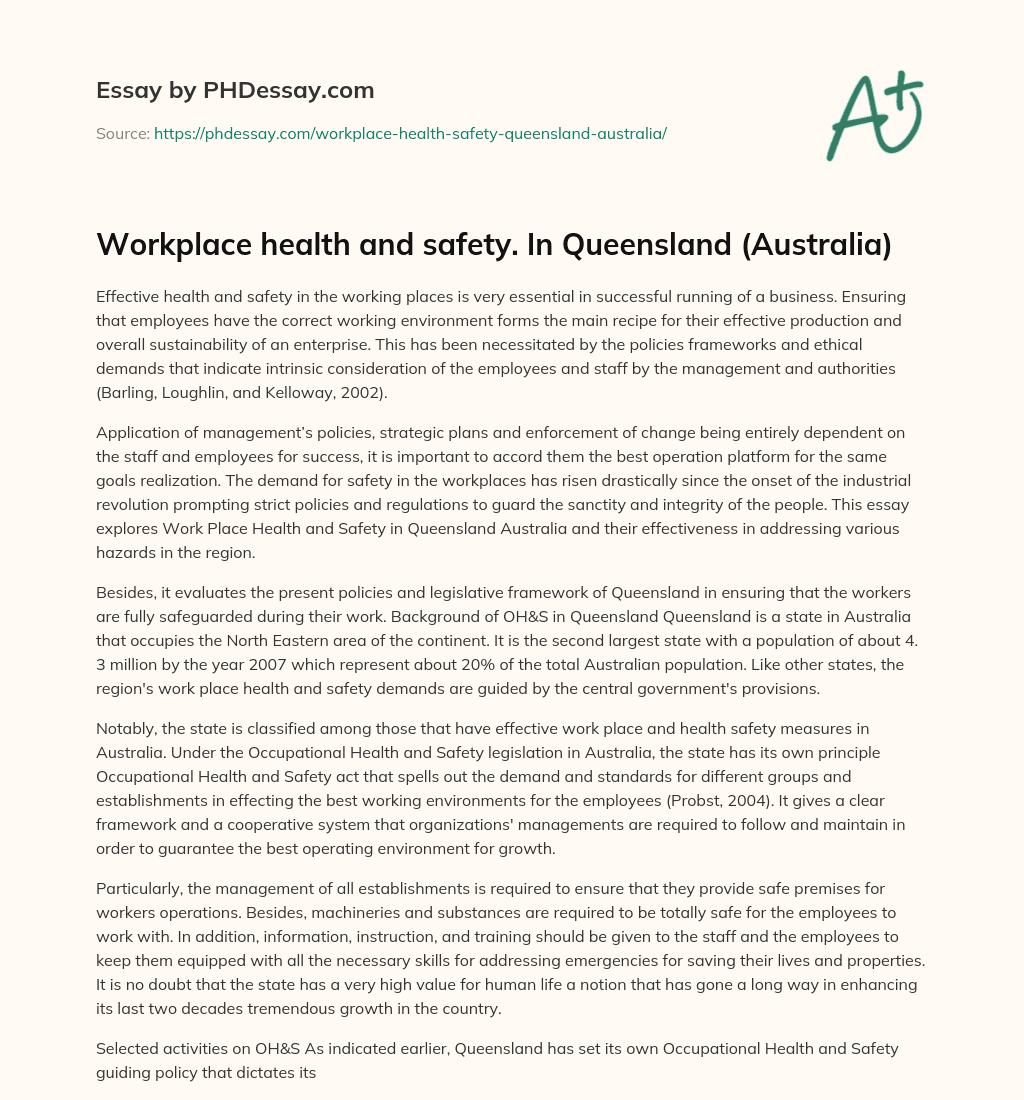 Workplace health and safety. In Queensland (Australia) essay