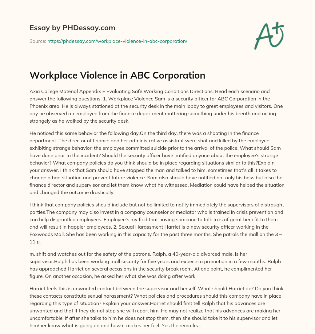 Workplace Violence in ABC Corporation essay