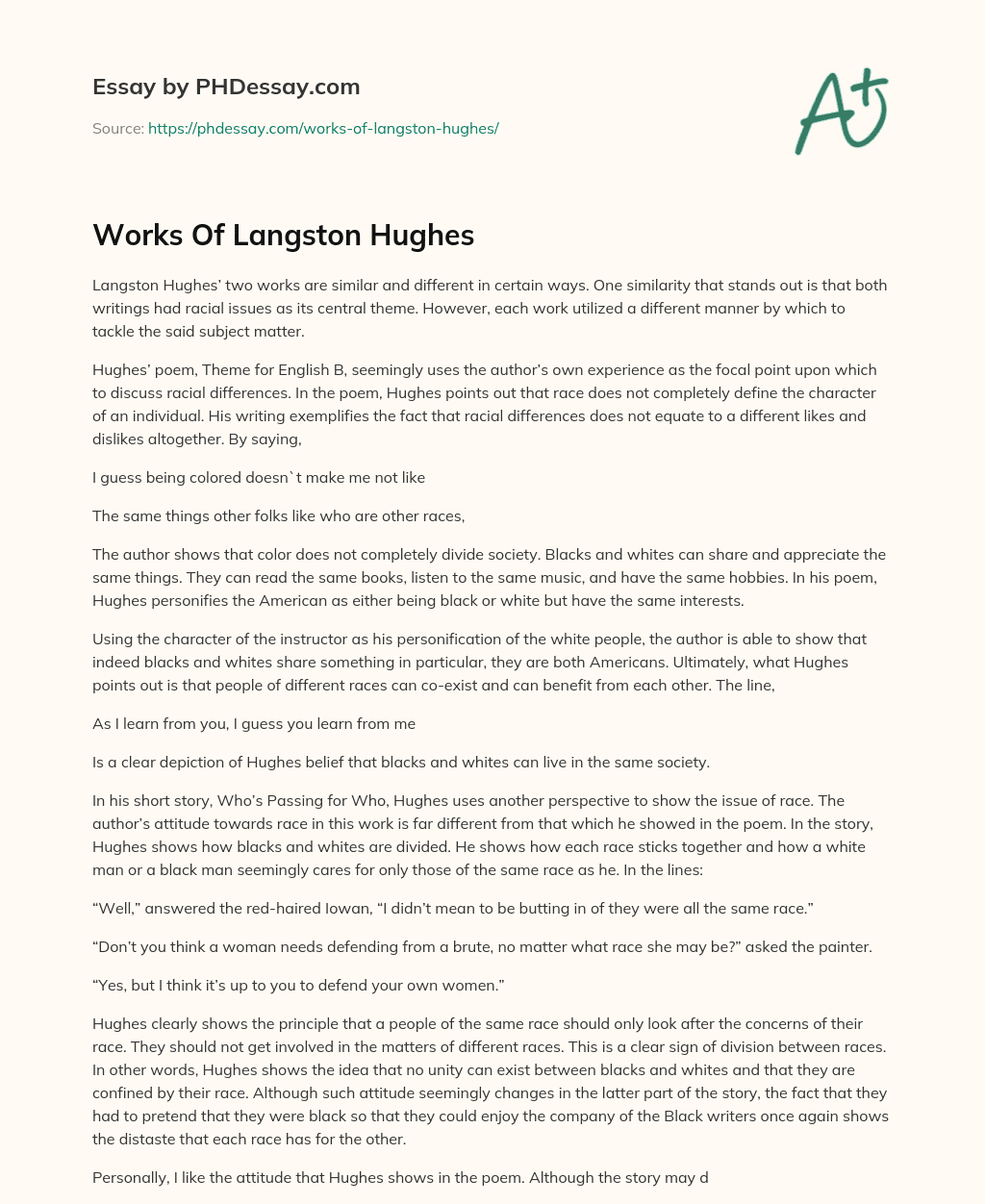 Works Of Langston Hughes essay
