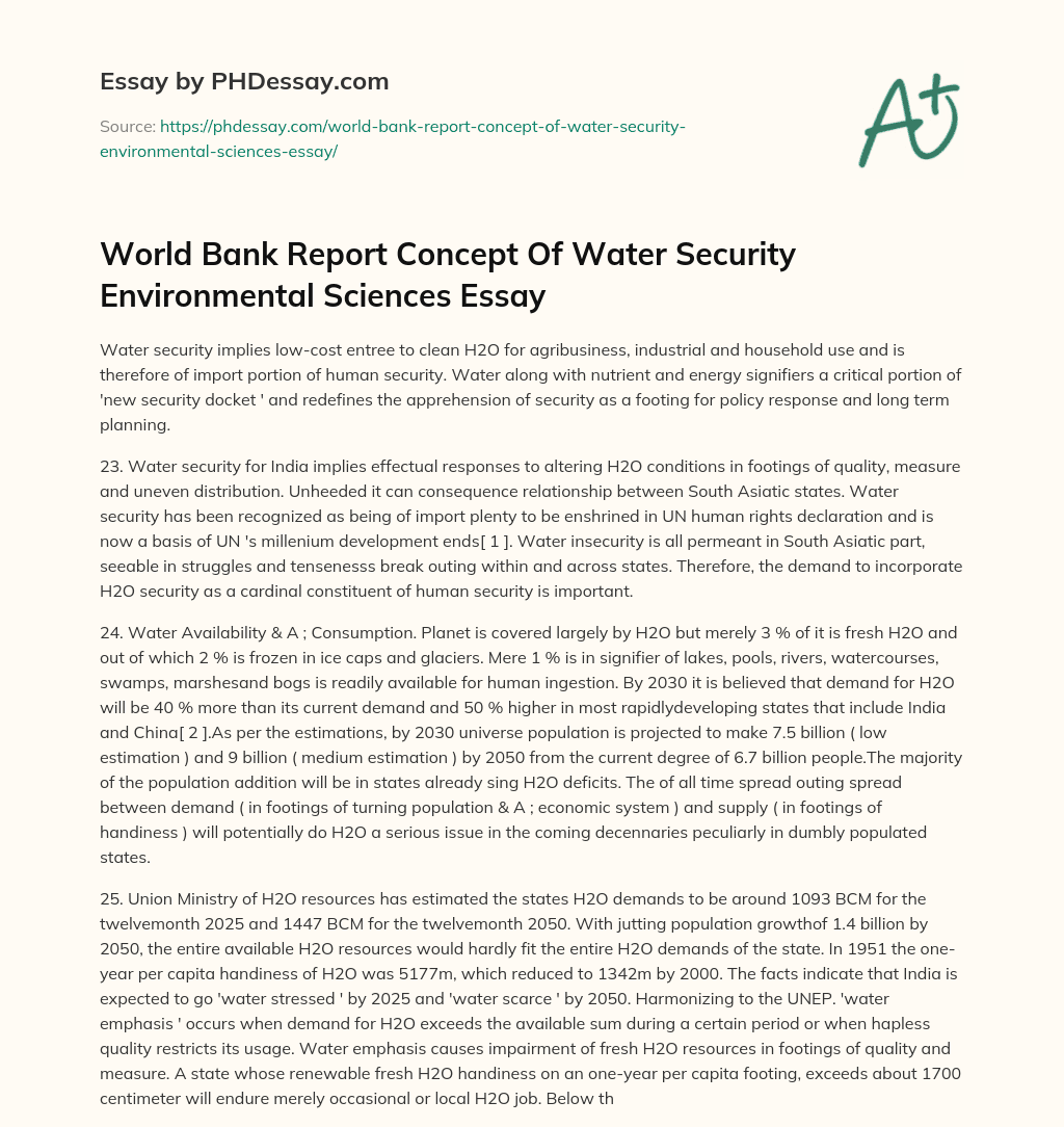 World Bank Report Concept Of Water Security Environmental Sciences Essay essay