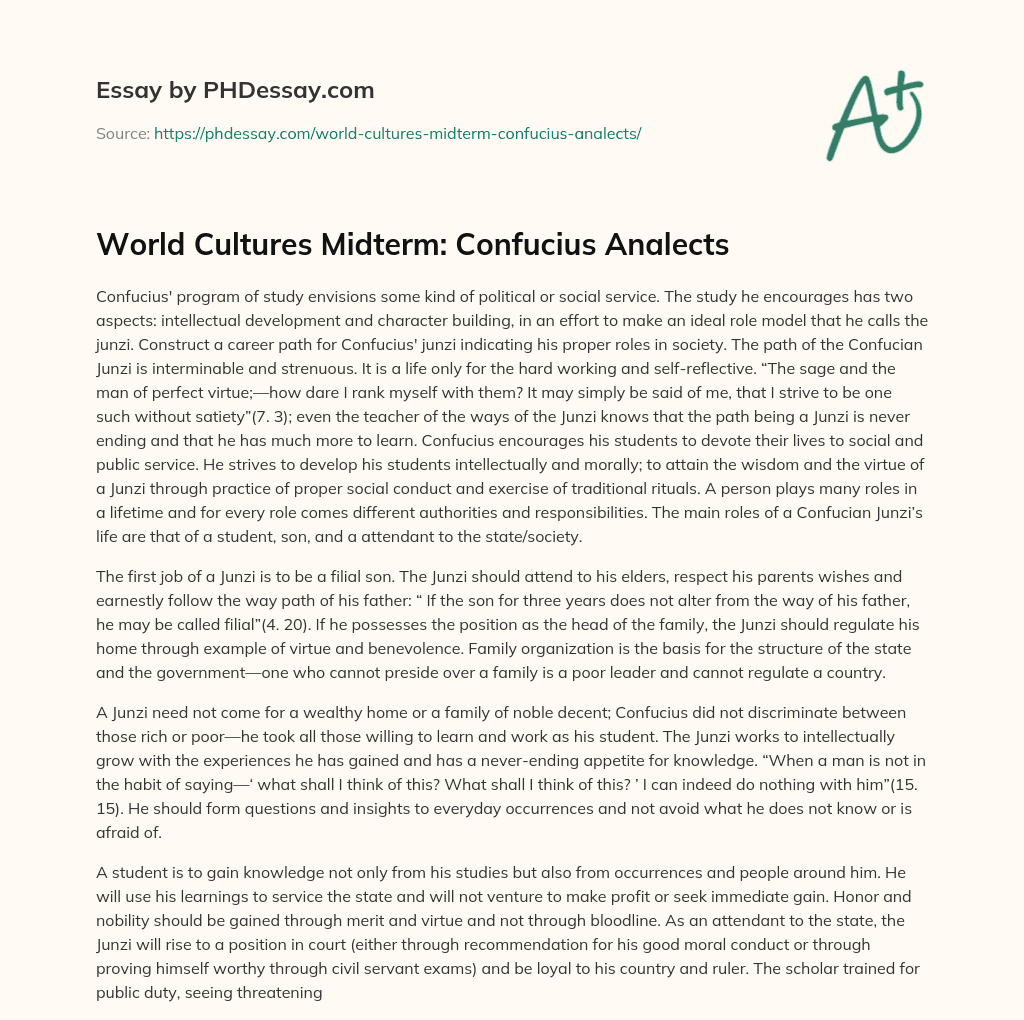 World Cultures Midterm: Confucius Analects essay