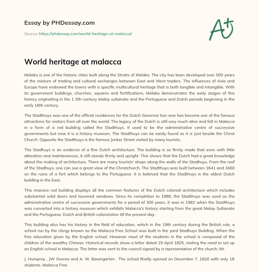 World heritage at malacca essay