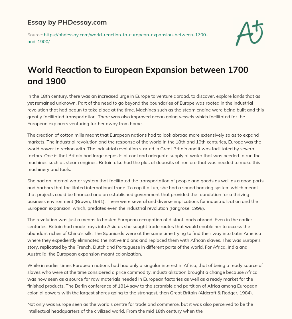 World Reaction to European Expansion between 1700 and 1900 essay