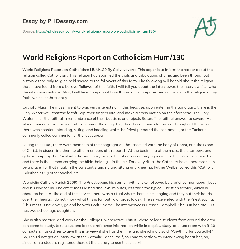 World Religions Report on Catholicism Hum/130 essay