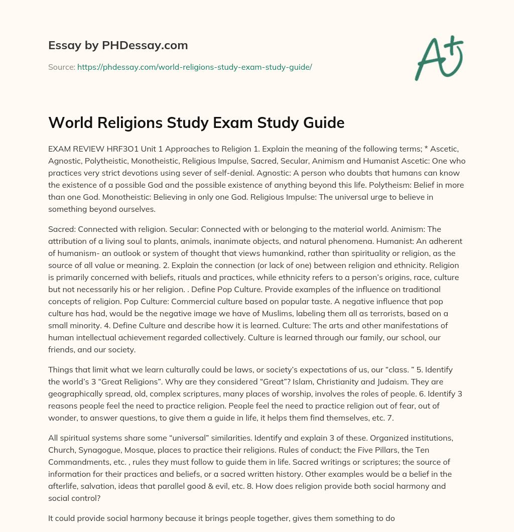 World Religions Study Exam Study Guide essay