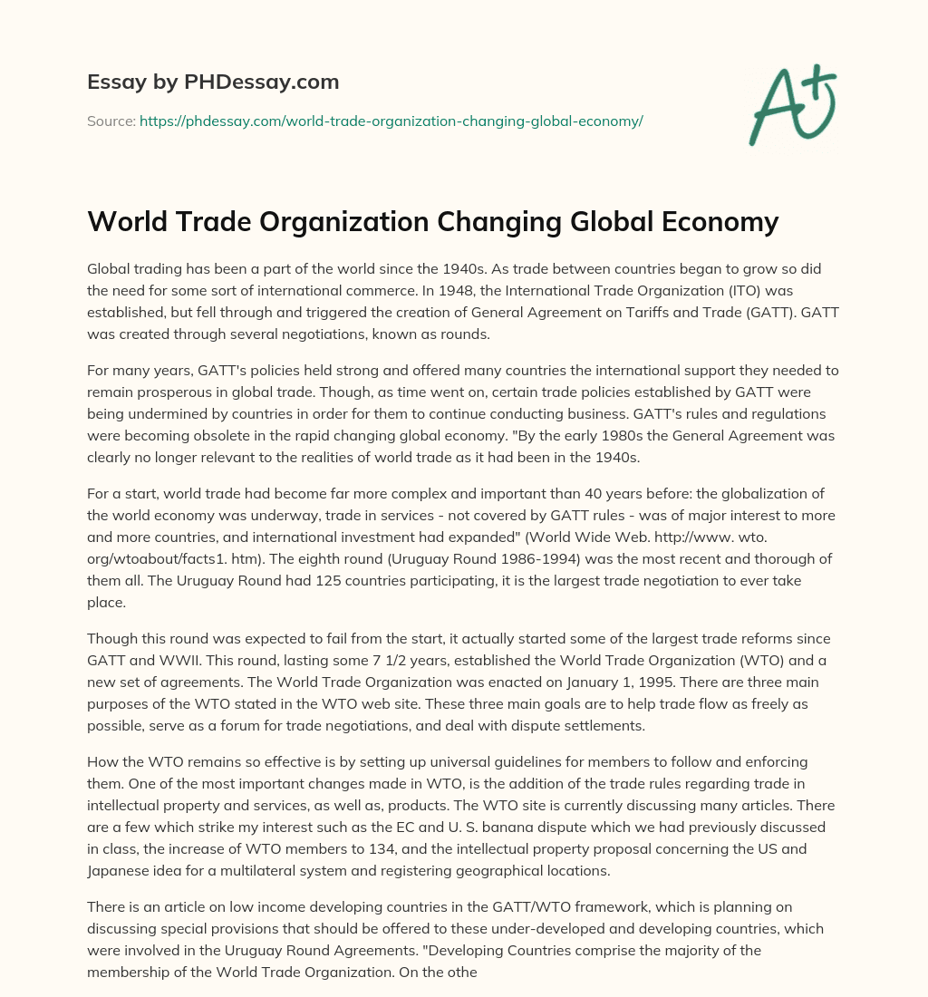 World Trade Organization Changing Global Economy essay