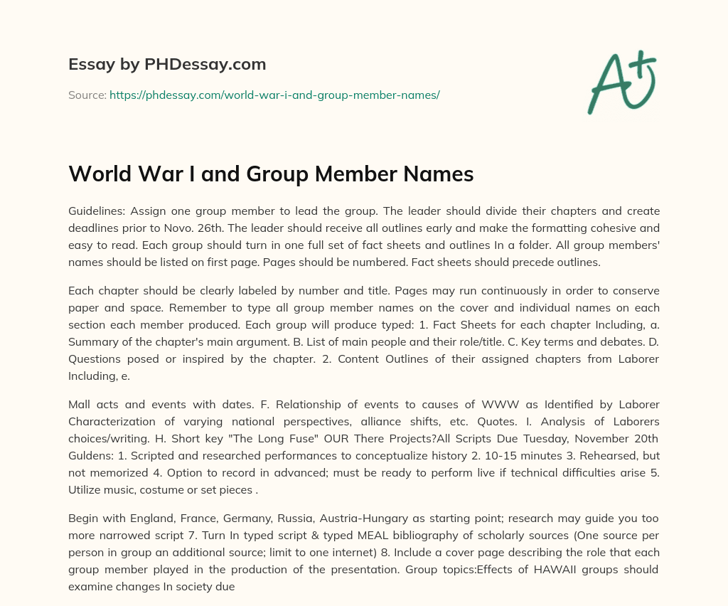 World War I and Group Member Names essay