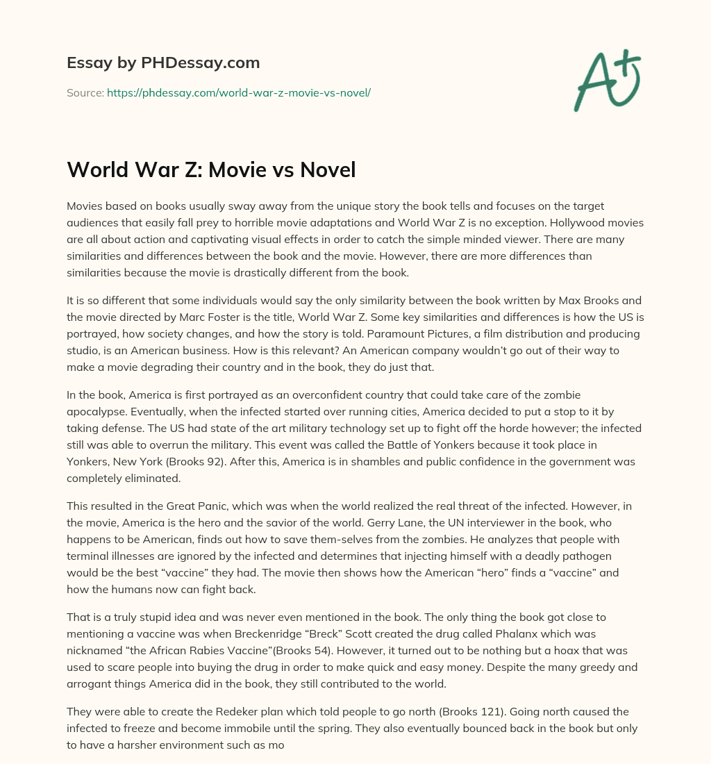 World War Z: Movie vs Novel essay