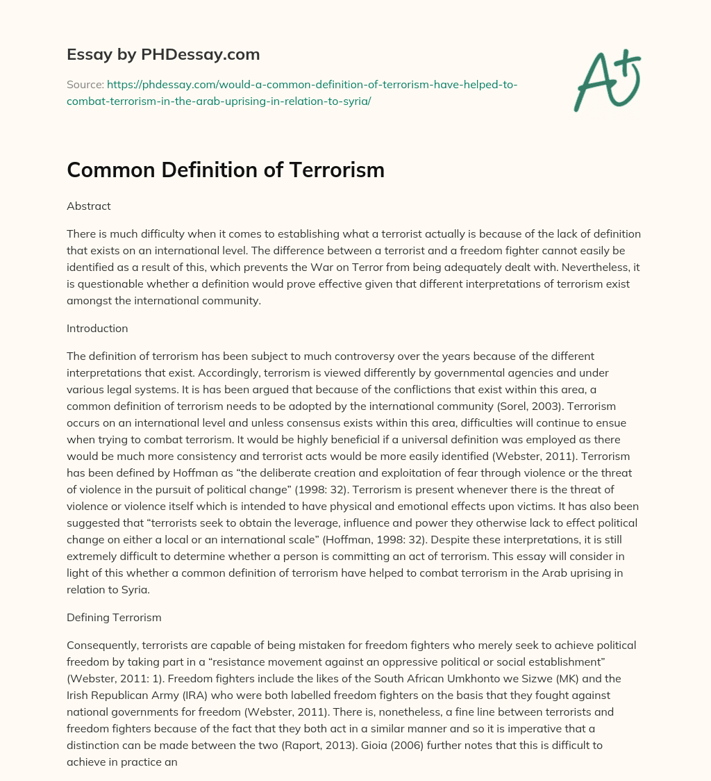 Common Definition of Terrorism essay