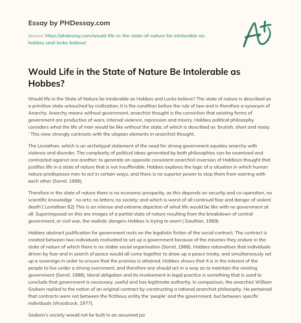 Would Life in the State of Nature Be Intolerable as Hobbes? essay