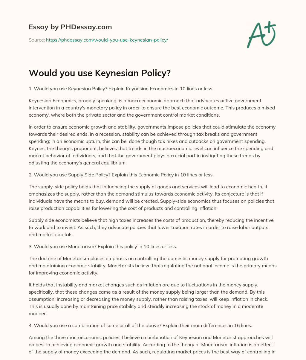 Would you use Keynesian Policy? essay