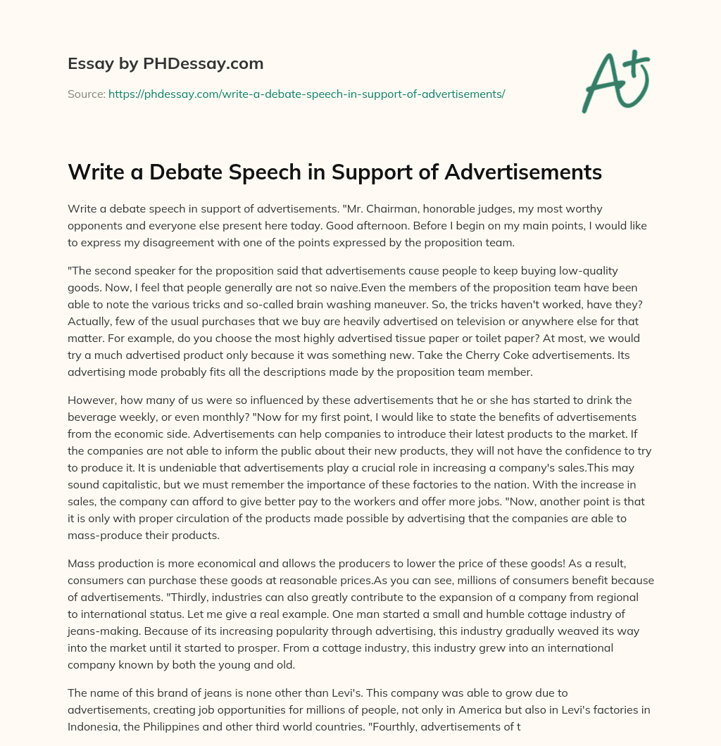 Write a Debate Speech in Support of Advertisements essay
