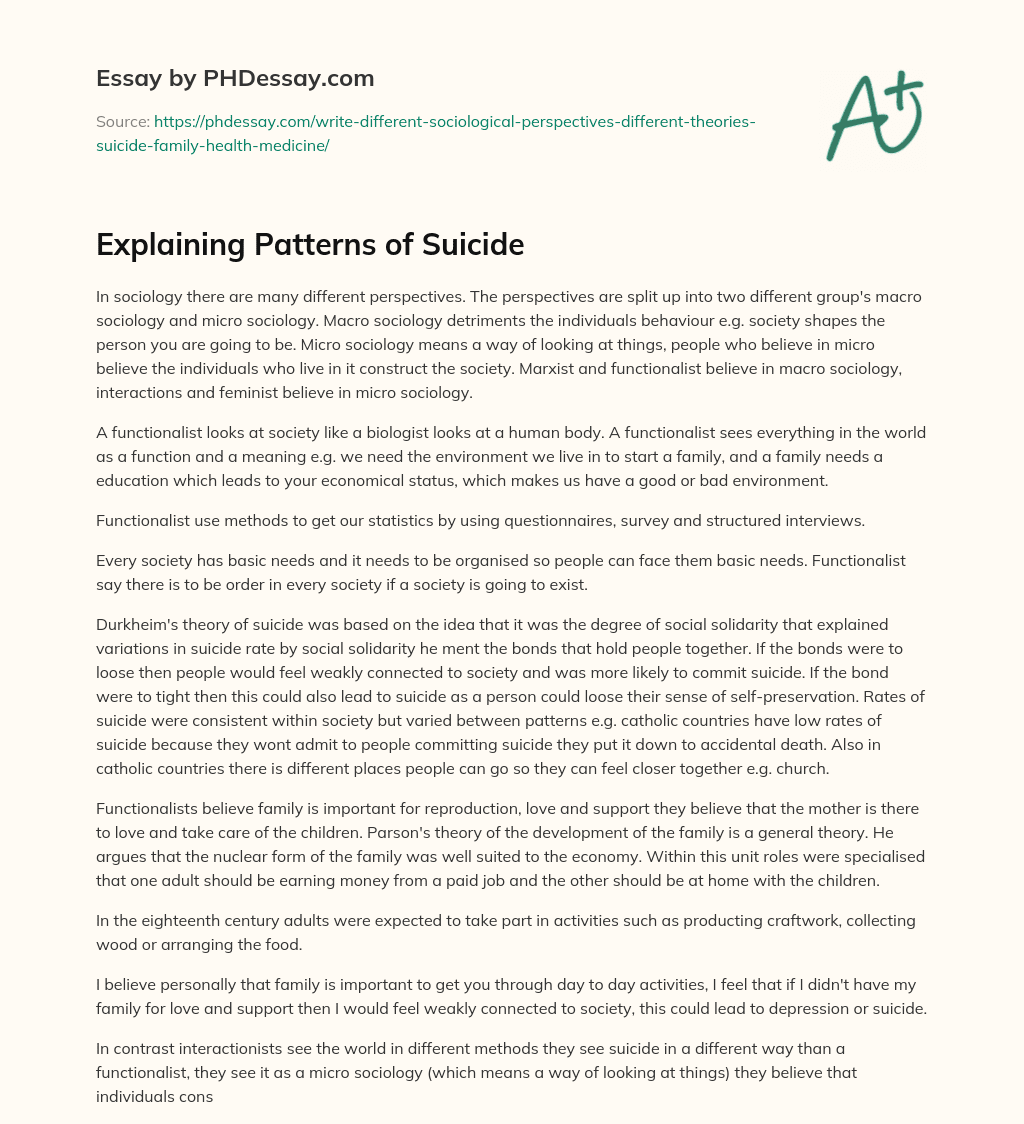 Explaining Patterns of Suicide essay