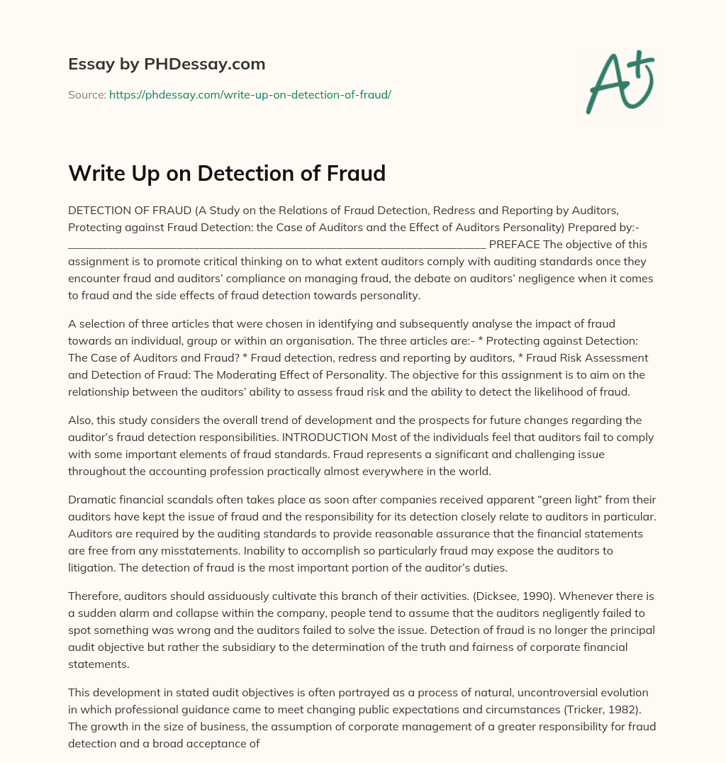 Write Up on Detection of Fraud essay