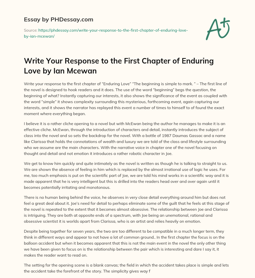 Write Your Response to the First Chapter of Enduring Love by Ian Mcewan essay