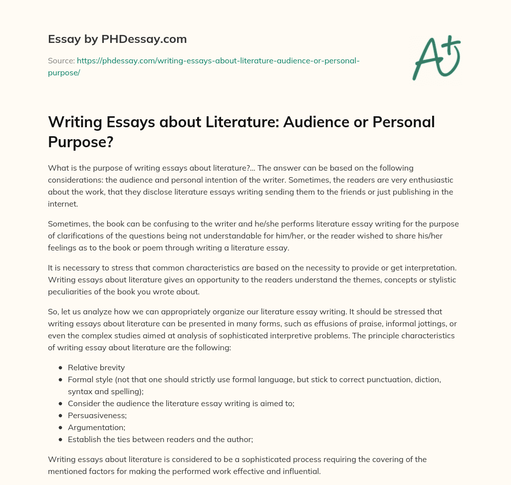 Writing Essays about Literature: Audience or Personal Purpose? essay