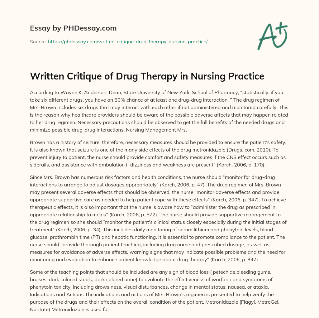 Written Critique of Drug Therapy in Nursing Practice essay
