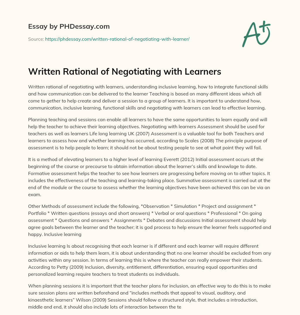 Written Rational of Negotiating with Learners essay