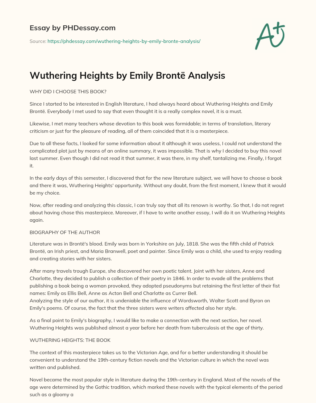 Wuthering Heights by Emily Brontë Analysis essay