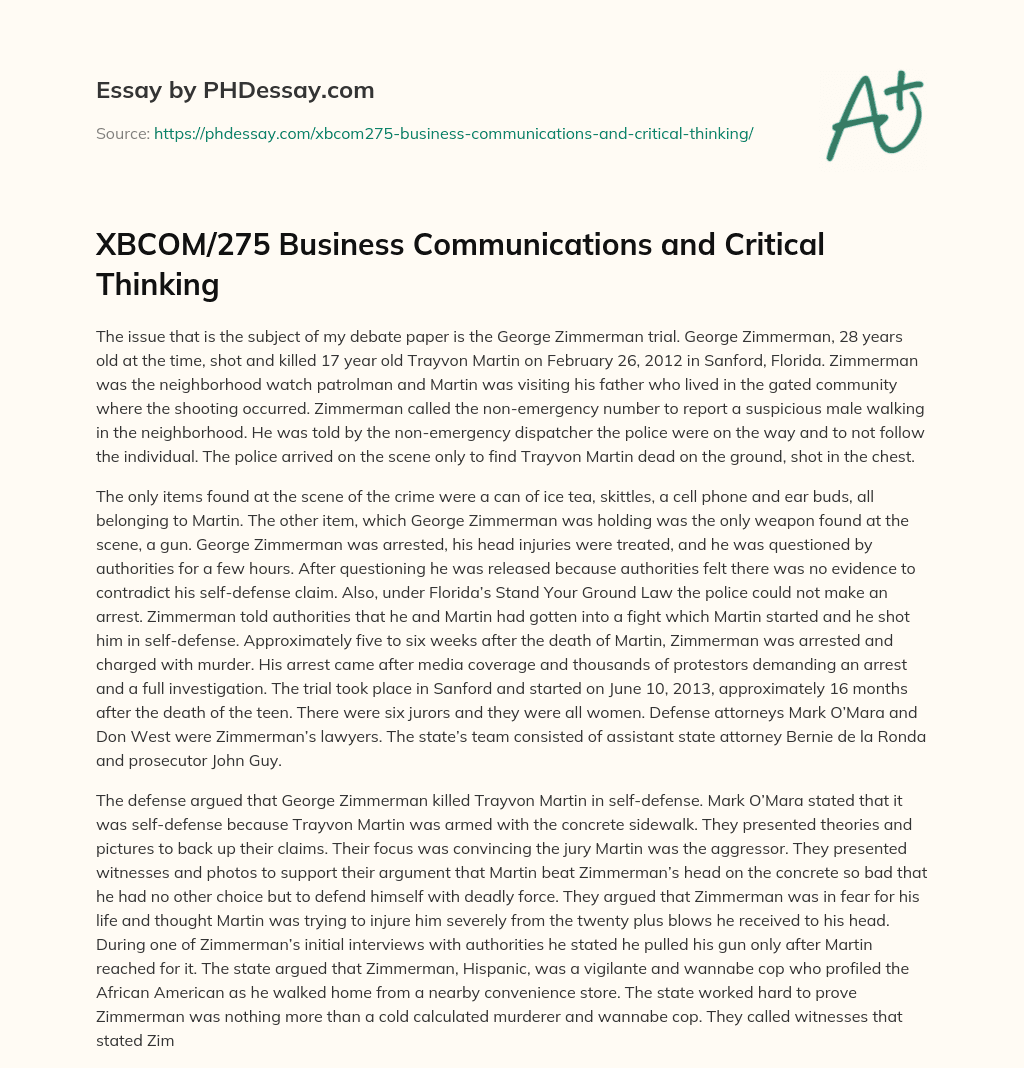 XBCOM/275 Business Communications and Critical Thinking essay