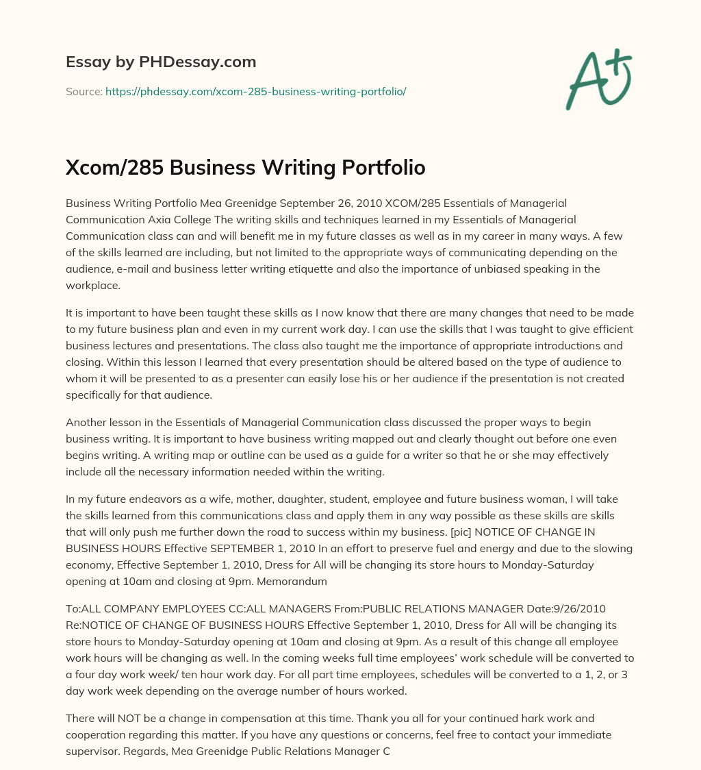 Xcom/285 Business Writing Portfolio essay