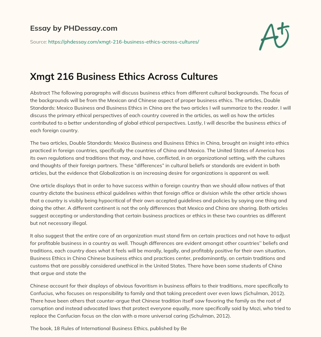 Xmgt 216 Business Ethics Across Cultures essay