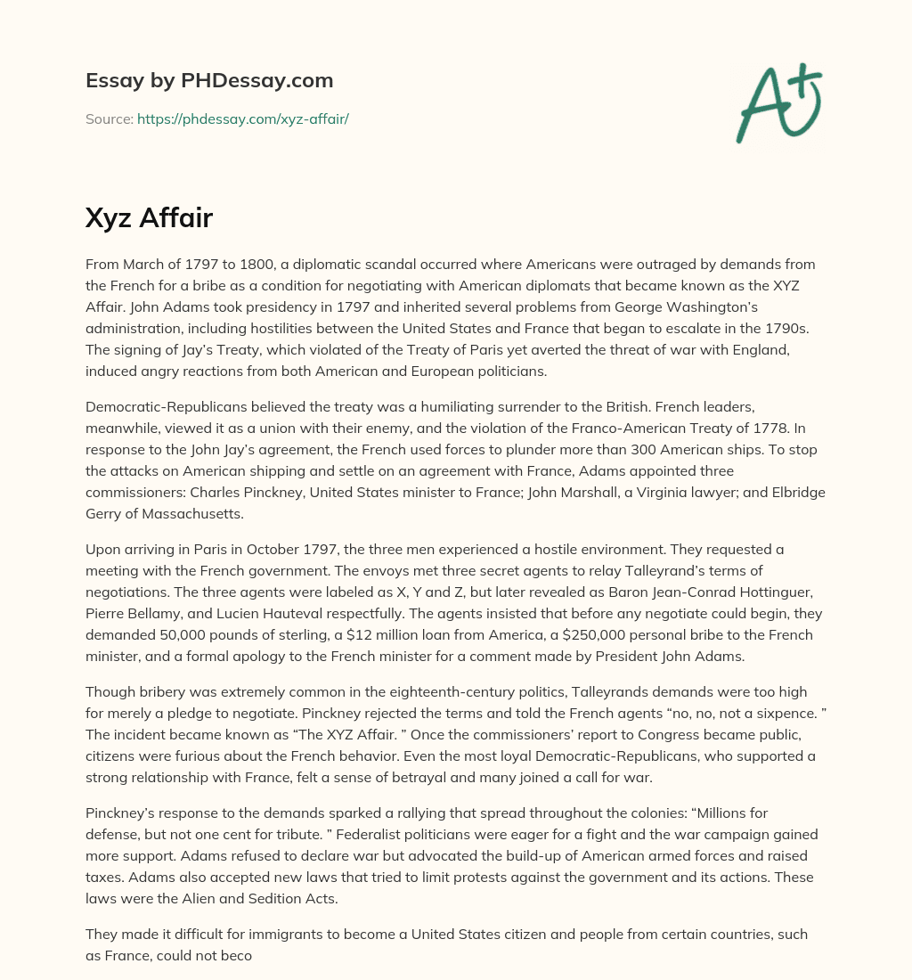 The XYZ Affair and its impact on US-France relations in the late 18th century essay