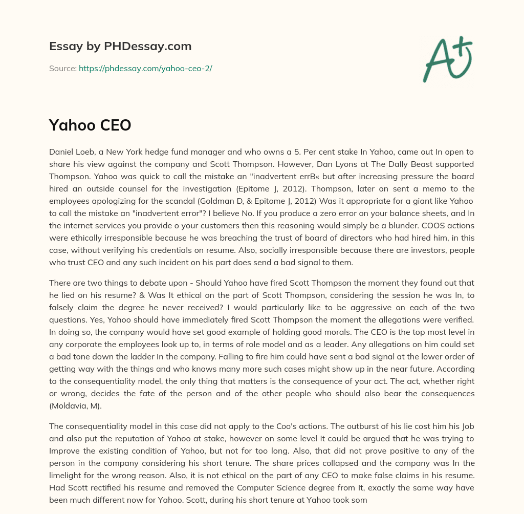 Yahoo’s Response to Scott Thompson’s Resume Scandal: Ethically and Socially Irresponsible essay