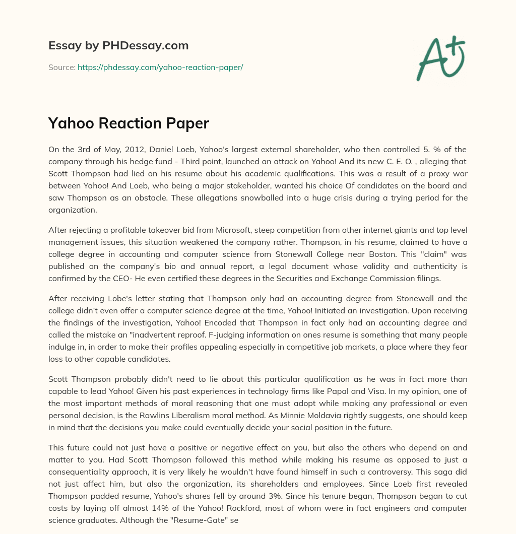 Yahoo Reaction Paper essay