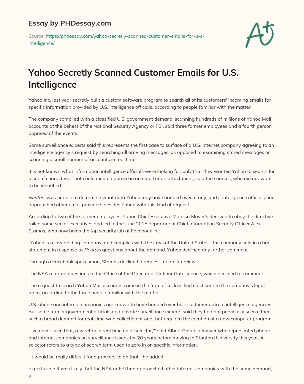 Yahoo Secretly Scanned Customer Emails for U.S. Intelligence essay