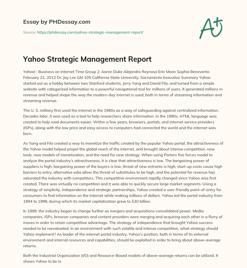 Yahoo Strategic Management Report essay