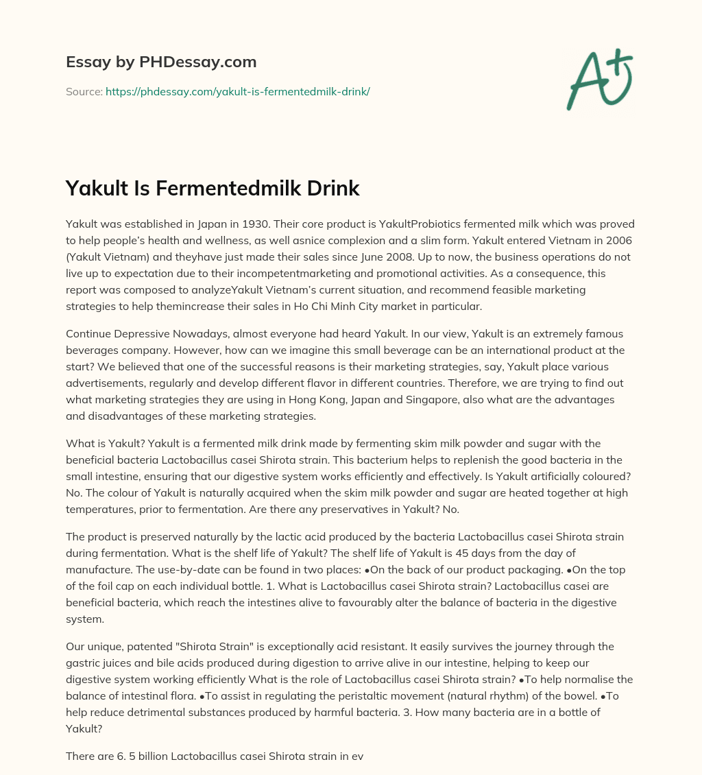 Yakult Is Fermentedmilk Drink essay