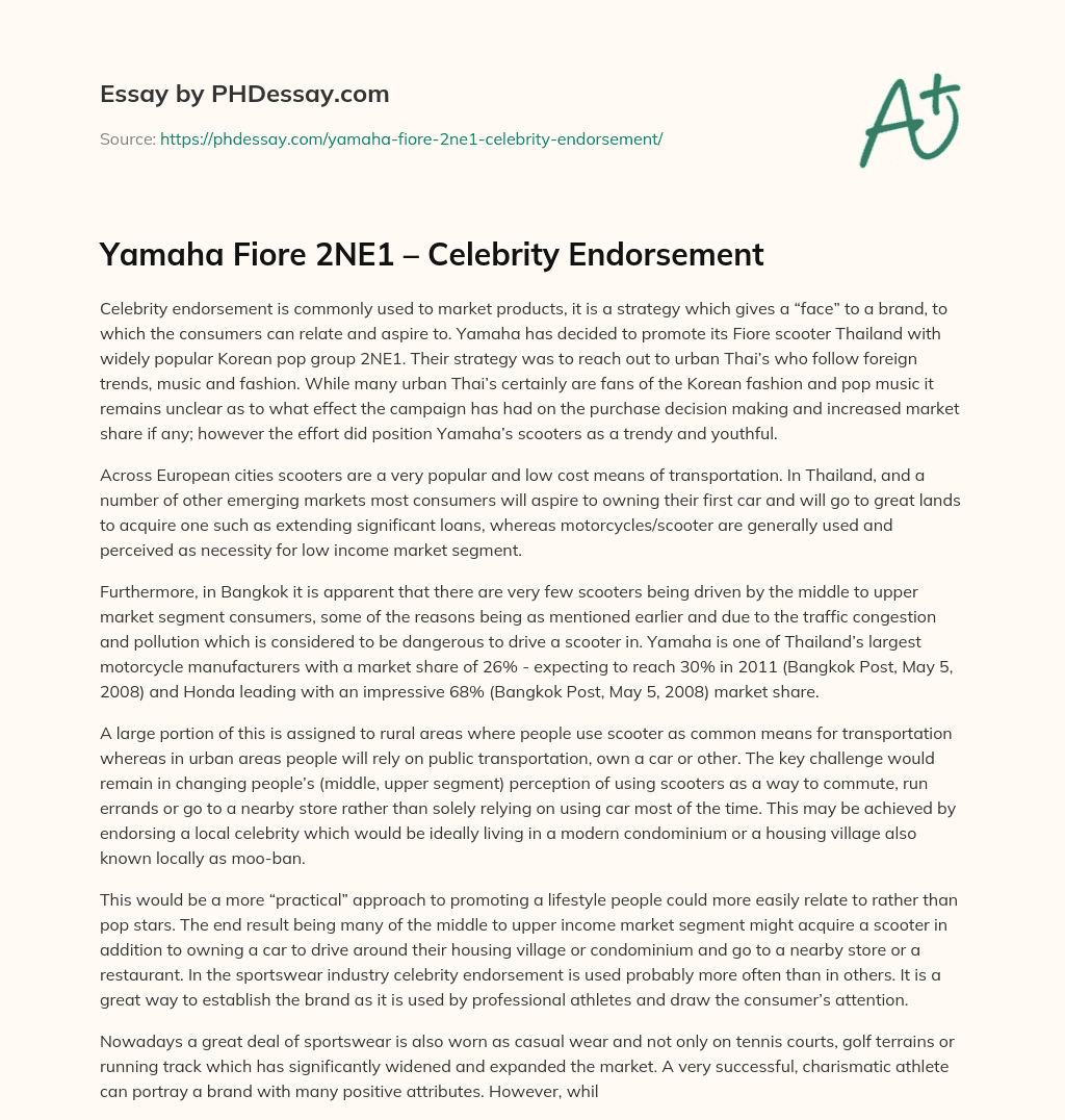 Yamaha Fiore 2NE1 – Celebrity Endorsement essay