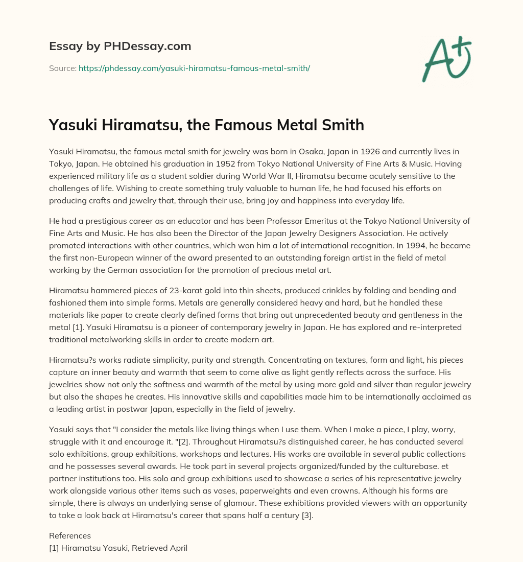 Yasuki Hiramatsu, the Famous Metal Smith essay