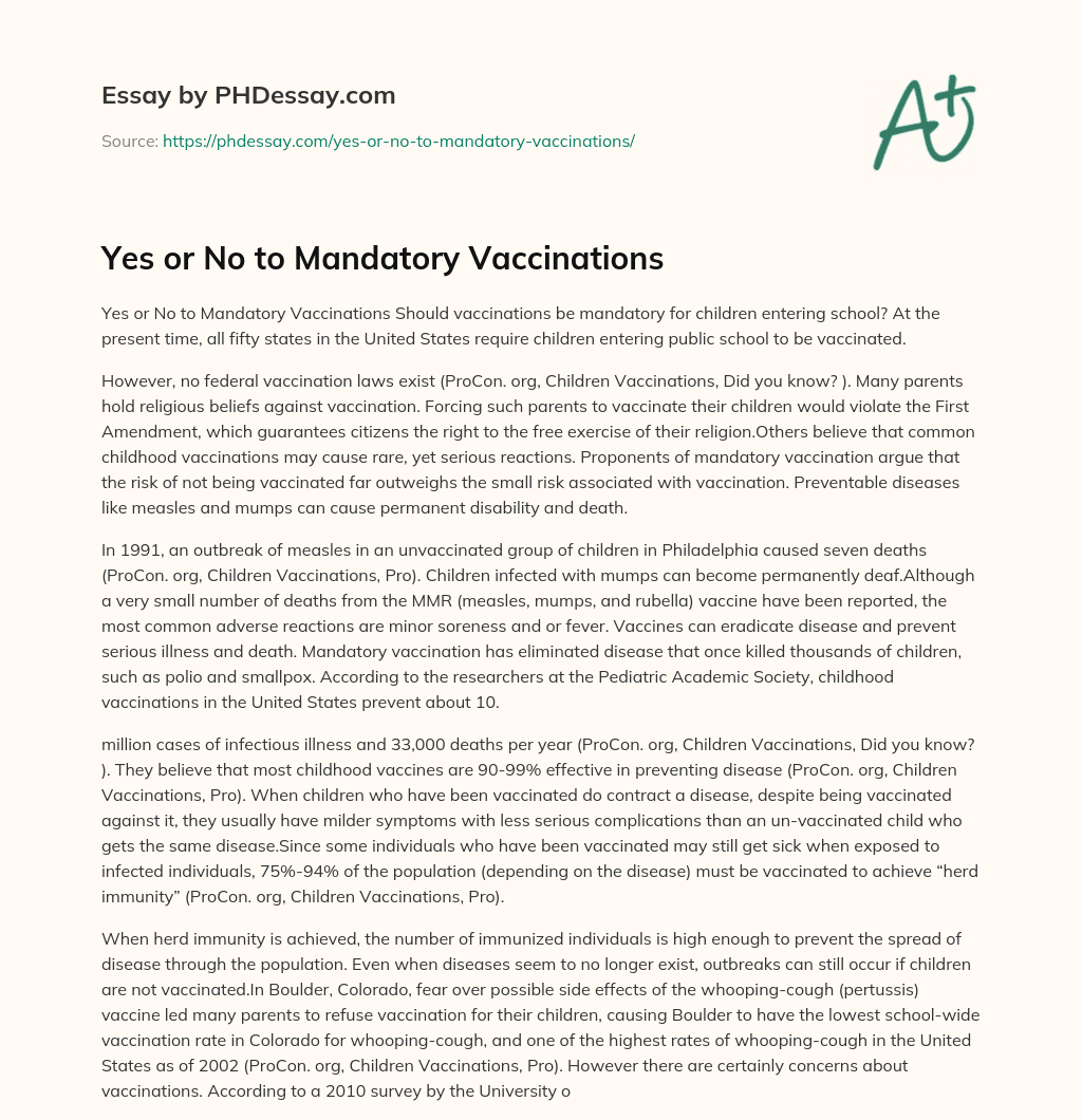 Yes or No to Mandatory Vaccinations essay