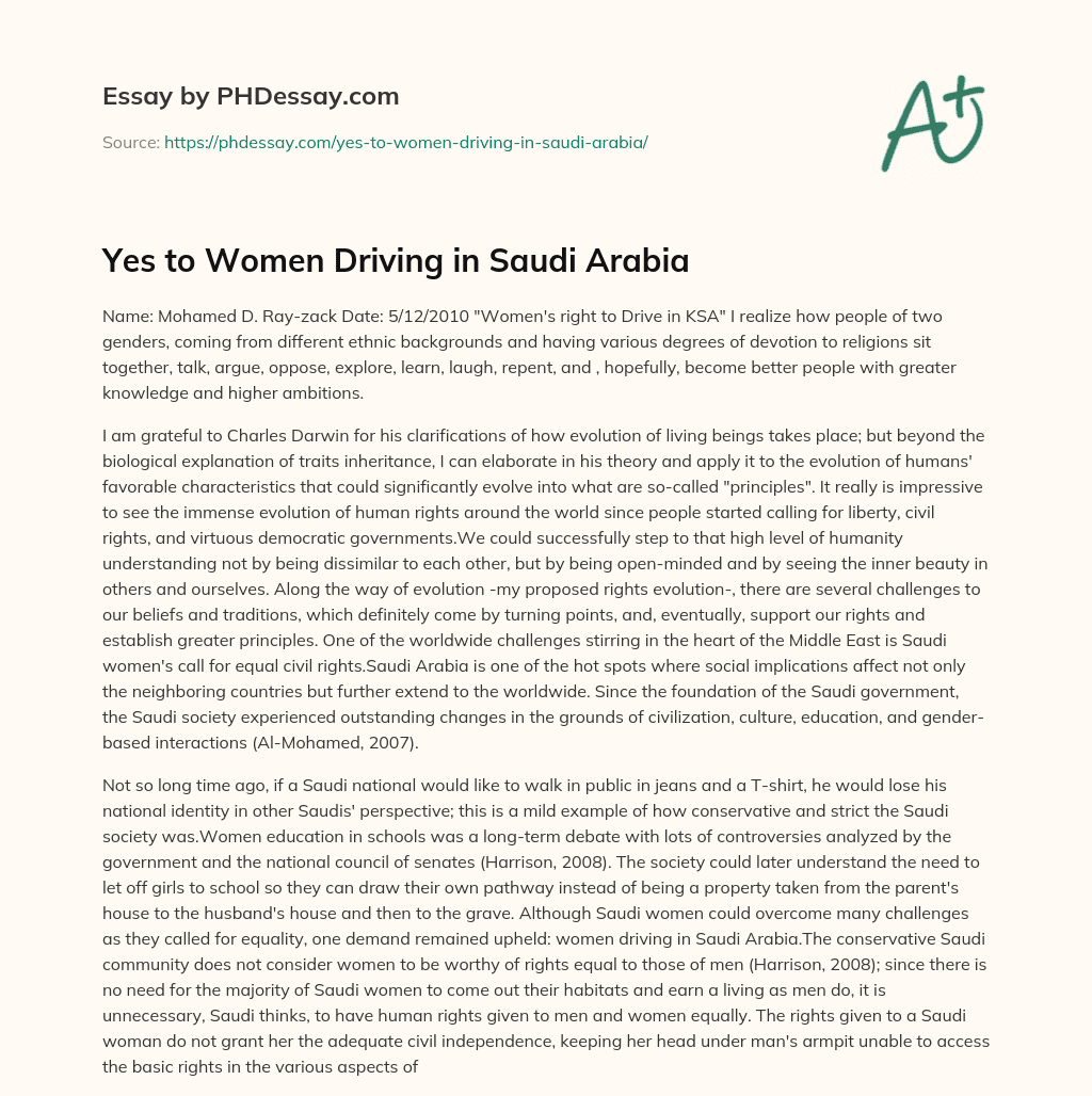 Yes To Women Driving In Saudi Arabia Essay Example