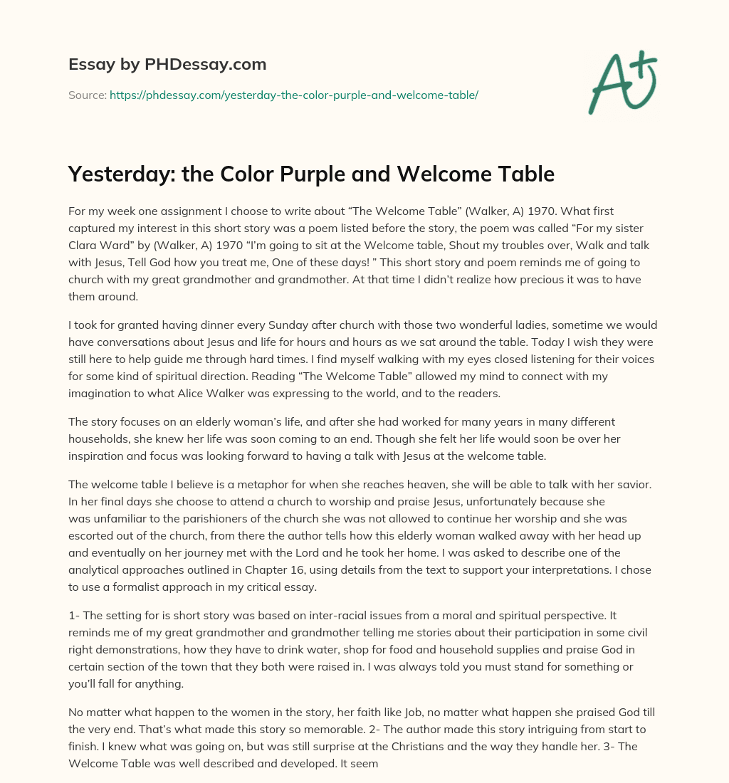 Yesterday: the Color Purple and Welcome Table essay