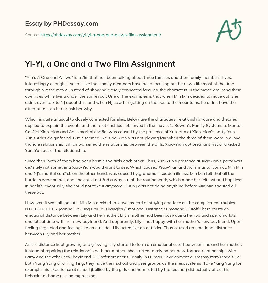 Yi-Yi, a One and a Two Film Assignment essay