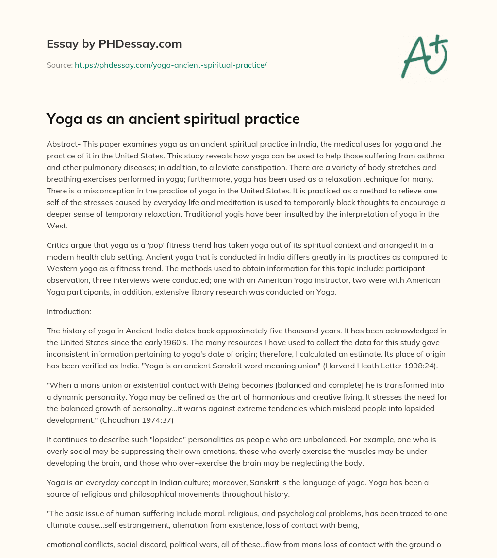 Yoga as an ancient spiritual practice essay