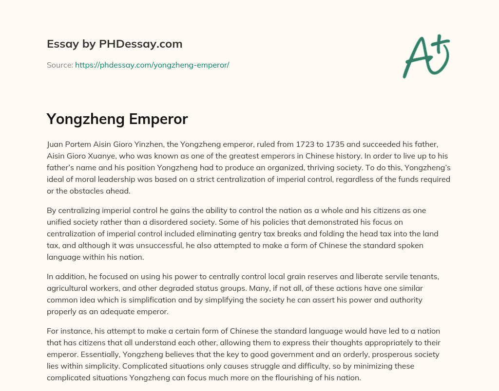 Yongzheng Emperor essay